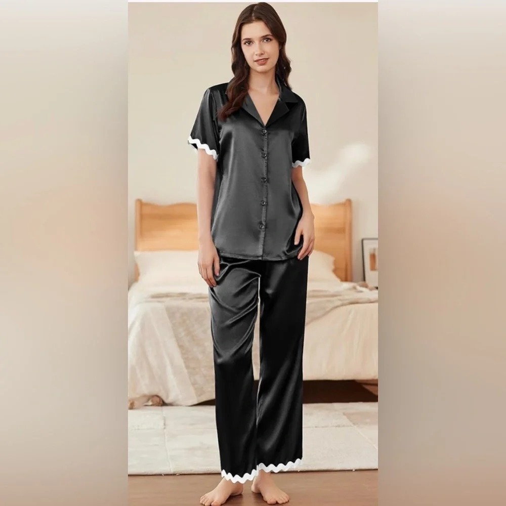 Chic Black Satin Women's Pajama Top Bottoms Medium NWT Short Sleeves White Trim